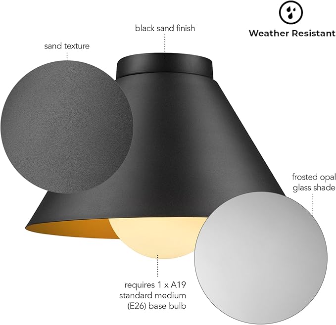GLOBE Electric 60000163 1-Light Outdoor Flush Mount, Painted Black Sand Texture, Frosted Opal Glass Inner Shade