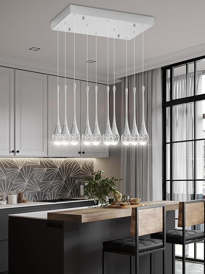 ykolupty Rectangular Chandeliers for Living Room Silver Dining Room Lights Fixture Raindrop Pendant Lights Kitchen Island Crystal Chandelier for Staircase Hallway Foyer Entryway