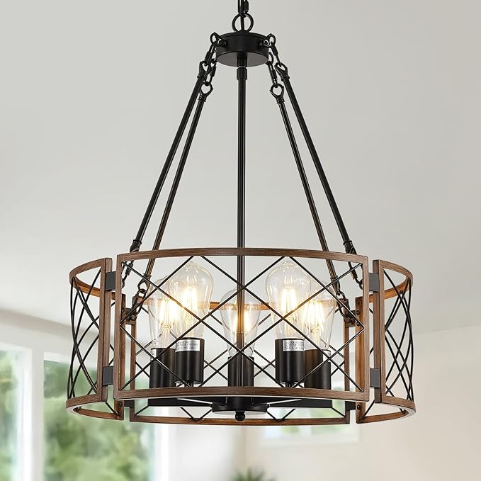 21'' Farmhouse Chandelier, 5-Light Black & Wood Grain Dining Room Light Fixture Over Table, Rustic Industrial Drum Hanging Pendant Lights Fixture for Kitchen Island Bedroom Hallway Foyer Entryway