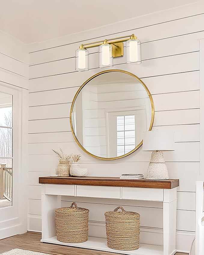 3-Light Bathroom Vanity Light, HWH Brushed Gold Bathroom Light Fixtures Antique Brass Vanity Light with Clear Glass,18W Dimmable LED Vanity Lights 5CCT, 5HLT63B-3W-LED BG