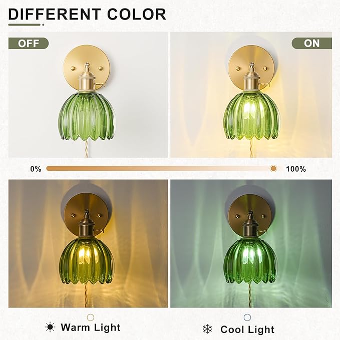Plug in Wall Sconces Set of 2, Vintage Wall Sconce Light with Tulip Green Glass Lampshade, Bedroom Wall Sconce with Switch and Plug in wall lamp Cord, Gold Wall Light Wall Decor Set of 2