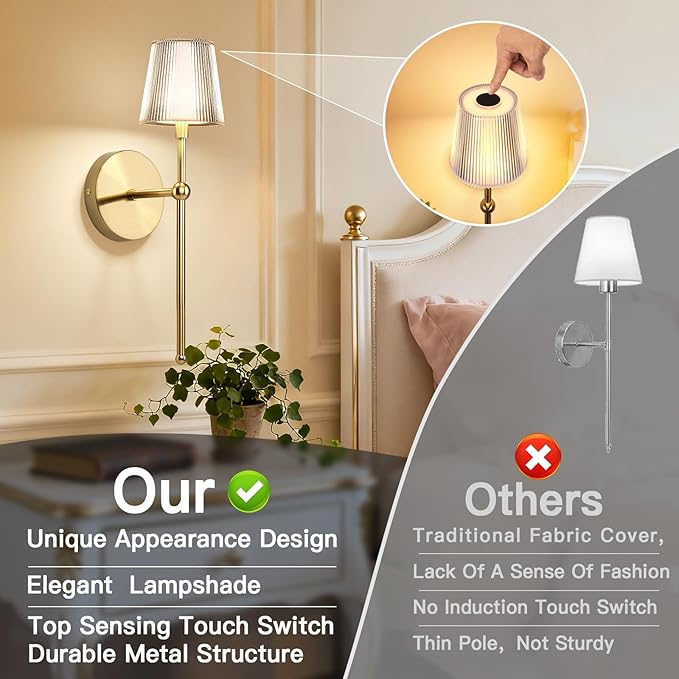 TaoFiaCo Battery Operated Wall Sconces Set of 2, Wireless Wall Sconce with Remote Dimmable Timer, Rechargeable 5200mAh, Cordless Wall Light Gold for Bedroom Living Room, Hallway, Light Decor