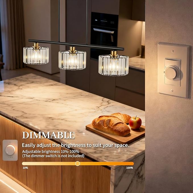 TALOYA Pendant Lights Kitchen Island Black and Gold, 3-Light Crystal Pendant Light Modern, Height Adjustable Chandelier Hanging Island Light Fixtures for Kitchen Dinning Room(Bulb Not Included)