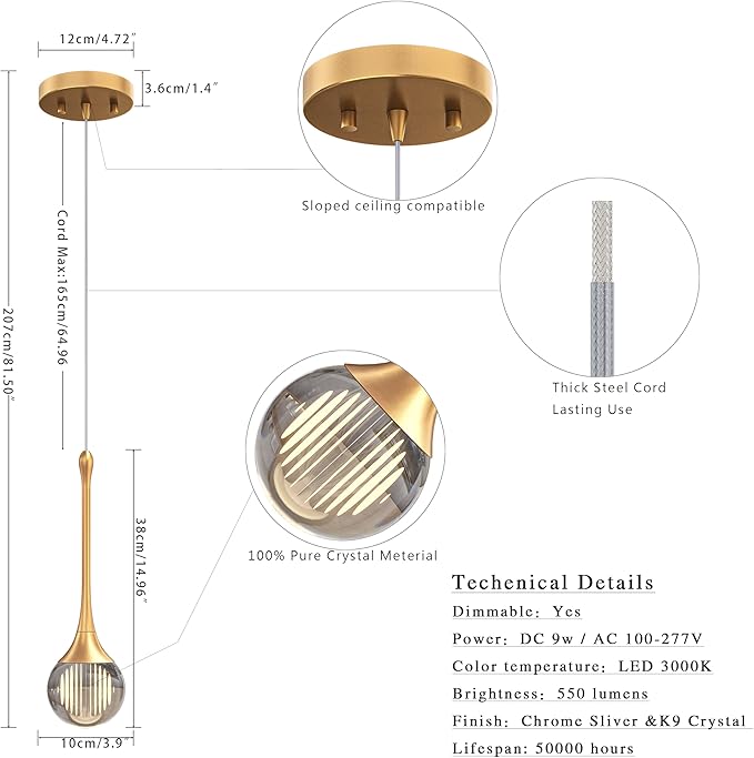1-Pendant Lights Kitchen Island,Crystal Gold Globe LED Chandelier, Modern Dimmable Adjustable Height Hanging Light Fixture,Sloped Ceiling,Bedroom,Dining Room
