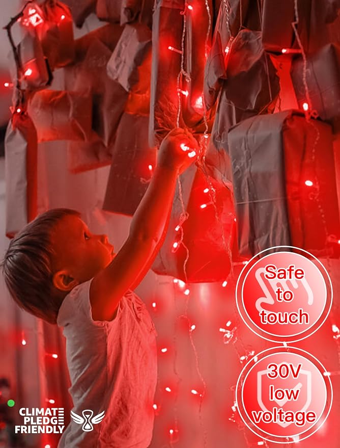 String Lights Indoor Bedroom, 33FT 100 LED Fairy String Lights Outdoor Waterproof, 8 Modes Memory Twinkle Christmas Light Plug in for Classroom Dorm Patio Tree Garden Decor (Red)
