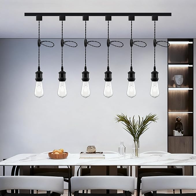 Universal H-Type Pendant Track Lights Kit with 6 Bulbs,6-Pack Black Track-Mounted Hanging Fixtures 4000K Natural Light Bulbs, E26 Socket for Kitchen Island and Dining Room