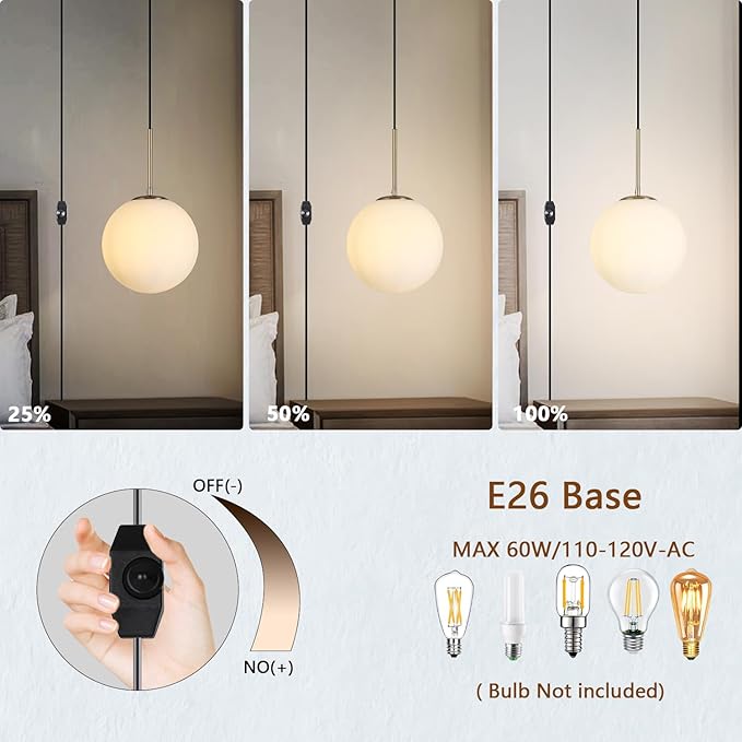 10” Plug in Globe Pendant Light Mid Century Modern Milk White Glass Globe Chandelier with 14.75ft Plug and Dimmable Switch for Bedroom Dining Room Kitchen Island, Brass