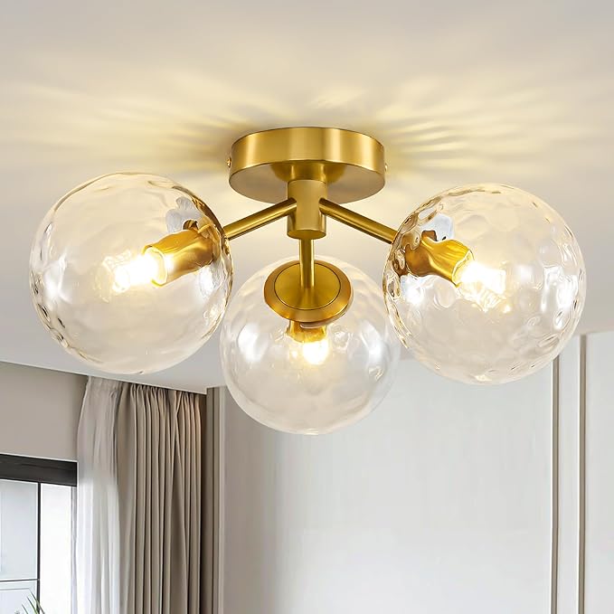 Gold Globe Semi Flush Mount Ceiling Light Mid Century Modern Globe Hammered Clear Glass Ceiling Light Fixture Linear Sputnik Brushed Brass Chandelier for Bedroom Living Room Entryway Dining Room
