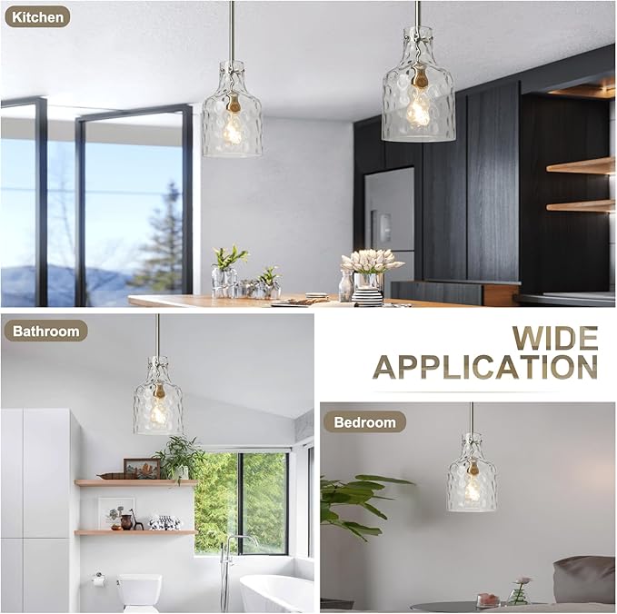 WILON Modern Glass Pendant Lighting for Kitchen Island, Farmhouse Pendant Lights for Dining Room Kitchen Sink, Adjustable Hanging Ceiling Light 7" Hammered Glass Shade, Brushed Nickel Metal Finish