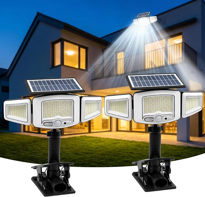 Solar Flood Lights Outdoor, 231 LEDs Clip-on Motion Sensor Lights 2000LM , 3 Heads Security Light with 360° Wide Angle,IP65 Waterproof Flood Wall Light with 3 Modes for Backyard,Patio,Garage(2 PACK)