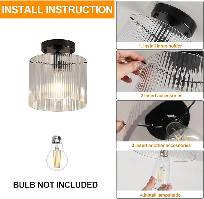 Modern Semi Flush Mount Ceiling Light, Industrial Clear Glass Ceiling Light, Crystal Ceiling Lamp, Farmhouse Hallway Light Fixtures for Entryway Kitchen Dining Room, Black