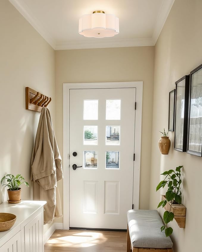 VONLUCE Semi-Flush Mount Ceiling Light, 15.7" Modern 3-Light Ceiling Light Fixture with White Petal-Shaped Shade 3 E26 Sockets for Bedroom Entryway Living Room, Gold Finish, ETL Certificated