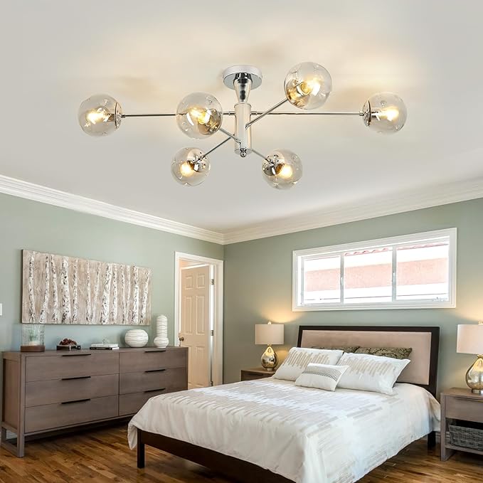 hesoge Modern Sputnik Ceiling Lights 6 Light Semi Flush Mount Ceiling Fixture with Glass Globes Chrome Chandelier for Dining Room Bedroom Living Room Kitchen Farmhouse.