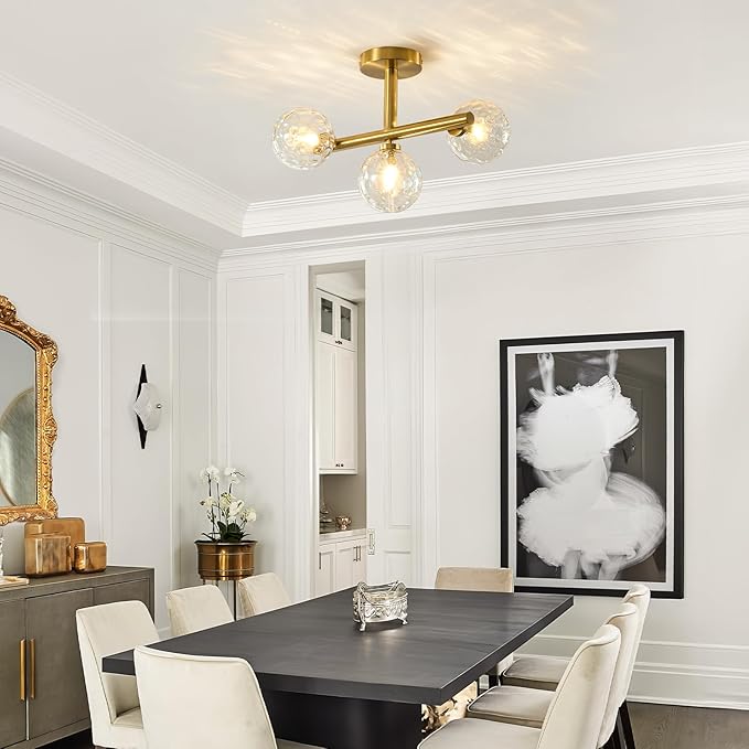 Modern Globe Glass Ceiling Light: 13 Inch Sputnik Semi Flush Mount Light with Hammered Clear Glass Shade - 3 Lights Gold Ceiling Lighting Fixture - Dimmable Linear Chandelier for Bedroom Living Room