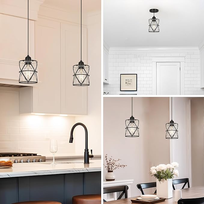 Black Pendant Lights for Kitchen Set of 2, Kitchen Island Pendant Light with Clear Glass, Adjustable Bathroom Pendant Lights, Hanging Kitchen Light over Island,59'' Cord for,Bedside Table,Hallway