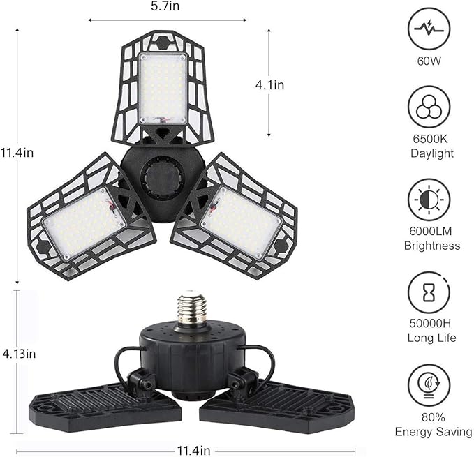 LED Garage Light - 6000 Lumen 6500K Daylight 60W, Three Leaf Led Garage Ceiling Lights