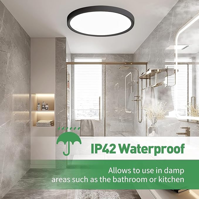 12PK 12 Inch LED Flush Mount Ceiling Lights, 24W, 2520LM, 3000K/4000K/6000K CCT Selectable, Round Flat Panel Low Profile Ceiling Lights Fitting for Hallway, Kitchen, Bedroom, Laundry Room, Black