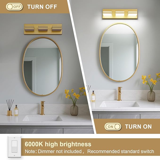 Modern LED Small Bathroom Lights Fixtures 3-Light,Metal Gold Acrylic Wall Lighting,Vanity Lights for Bathroom Over Mirror 6000k 16in