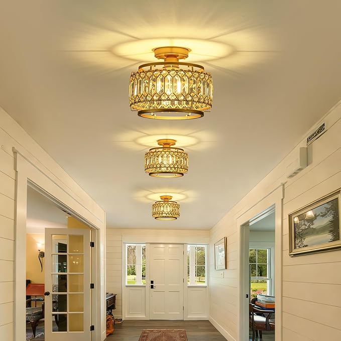 Modern Gold Crystal Flush Mount Ceiling Light with LED Bulb (50% Brighter) – 11.4" Dimmable Chandelier for Dining Room, Bedroom – Reinforced Iron Frame & K9 Crystals – Easy Install