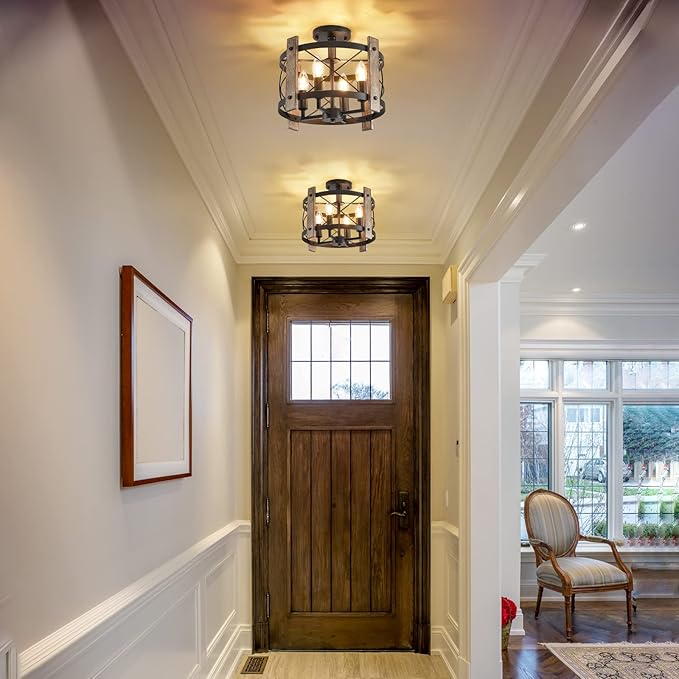 Black Semi Flush Mount Ceiling Light, 4-Light Ceiling Light Fixture, Farmhouse Chandelier Ceiling Light, Rustic Industrial Dining Room Light Fixture for Kitchen Bedroom Hallway Living Room E12
