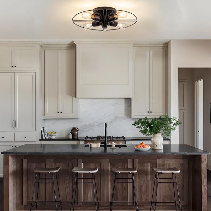4 Light Sputnik Light Fixture Black Flush Mount Lights Industrial Ceiling Light Wood 21" Modern Farmhouse Ceiling Lights for Kitchen Bedroom Bathroom Foyer Hallway(E26)