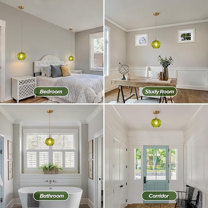 Green Glass Pendant Light Vintage Large Gold Globe Fixtures Mid Century Modern Pendant Lights Hanging Light Fixture Suitable for Kitchen Island Dining Room Foyer Above Sink Bathroom Bedroom