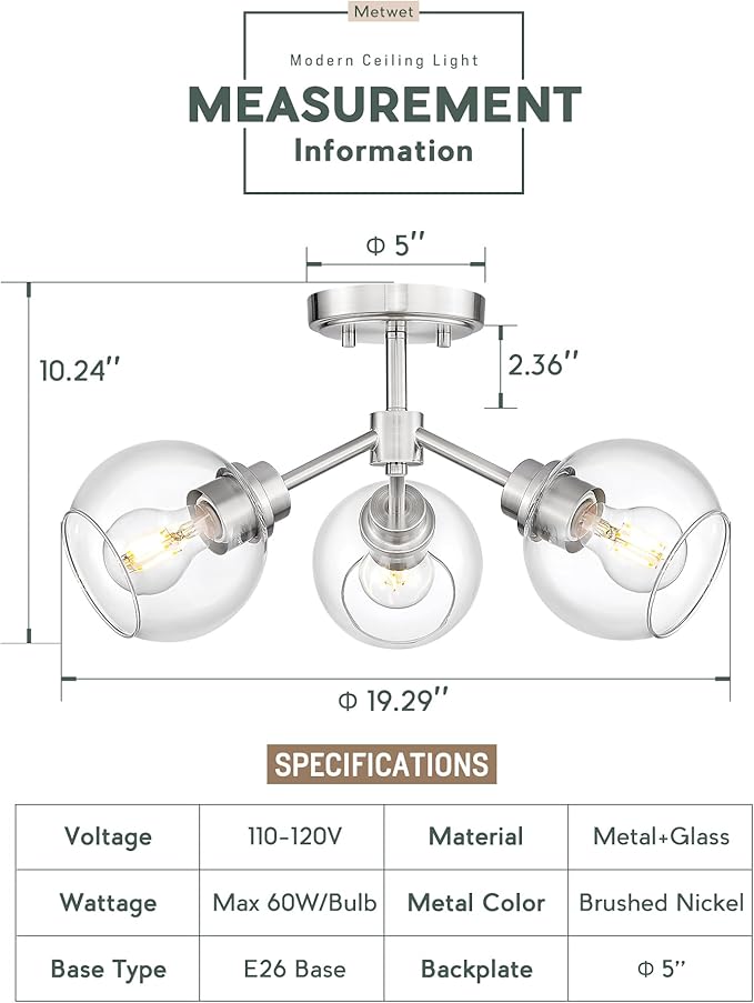 3-Light Semi Flush Mount Ceiling Light, Modern Light Fixtures Ceiling Mount with Globe Clear Glass Shade, Brushed Nickel Light Fixtures for Kitchen Entryway Hallway Bedroom, SM195-BN-3