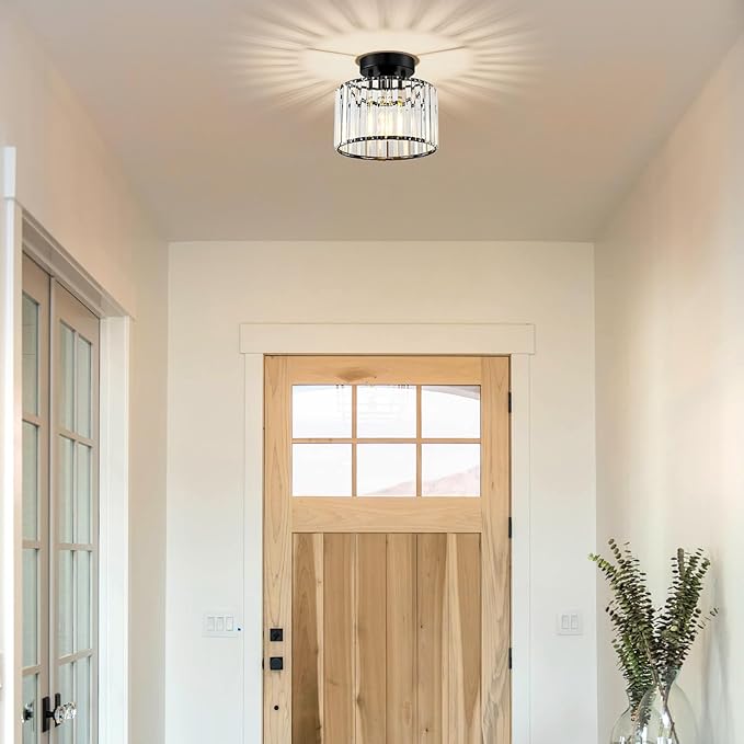 Crystal Black Semi Flush Mount Ceiling Light Modern Hallway Light Fixture Metal Close to Lamp for Entryway Bedroom(8.66 inch)