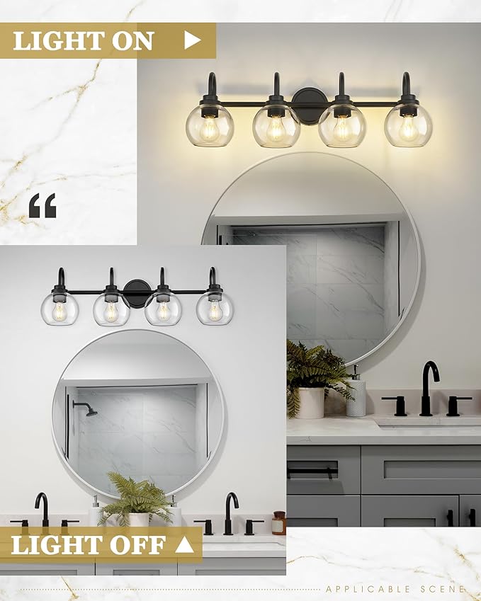 Bathroom Light Fixtures, 4-Light Matte Black Vanity Lights with Globe Clear Glass, 30 Inch Modern Vanity Lighting Fixtures Over Mirror, AD-22280-4W-BK