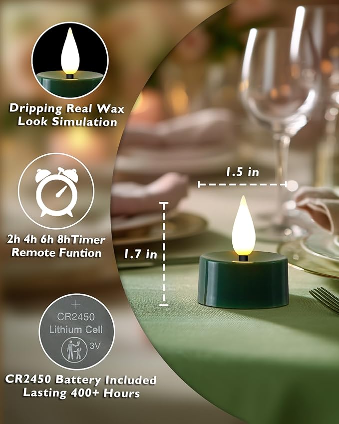 Amagic Flameless Green Timer Remote Tealights Candles, 3D Black Wick Flickering Tea Light, 300+Hour Colored Votive Candles Battery Operated, Set of 24 for Christmas, Theme Party, Holiday, Home Decor