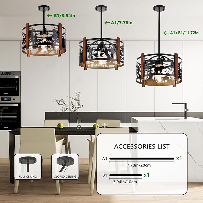 Farmhouse Rustic Bear Ceiling Light Fixtures, 4-Light Round E26 Base Black Metal Wooden Fixture for Kitchen, Living Room,Foyer, Bedroom, Hallway-‎16.5" L* 16.5" W * 11.8" H