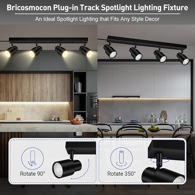 Plug in Track Lighting, 23" LED Track Lighting Fixtures Ceiling, Black 4 Way Spotlight, Rotatable Track Head, Plug in Ceiling Light with Power Cord, Plug Wall Light for Kitchen Hallway(GU10, NO Bulb)
