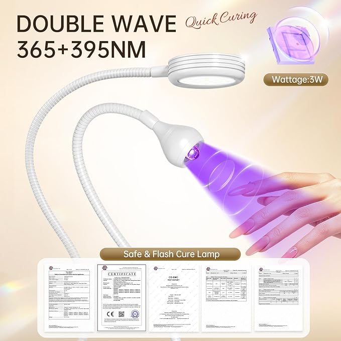 AORAEM LED Nail Lamp Double-Headed UV LED Light Quicky-Dry Duck Neck Lamp Dryer Curing Light with Portable Gooseneck and Clamp Flash Cure UV Light for Gel Nails Professional Home DIY Salon White