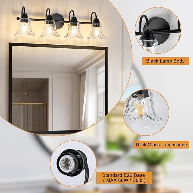Bathroom Light Fixtures over Mirror, 4 Lights Vintage Wall Sconces with Hammered Glass Shade, 26.8" Matte Black Farmhouse Bathroom Wall Light Fixtures for Bedroom, Porch, Hotel, Mirror Cabinet