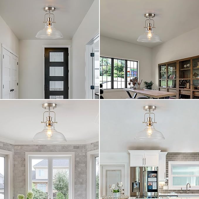 WILON Farmhouse Glass Semi Flush Mount Ceiling Light Fixture, Kitchen Lighting Fixtures Industrial Ceiling Lamp for Hallway Bedroom Kitchen Laundry Room (Brushed Nickel & Seeded, 1 Pack)