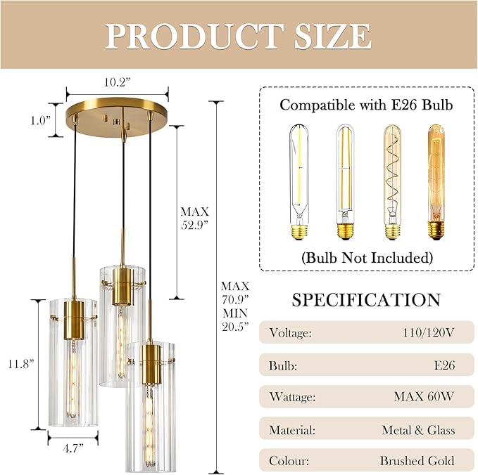 Brushed Gold Pendant Light Fixtures, 3-Light Modern Cluster Pendant Lights with Clear Striped Glass Shade, Farmhouse Brass Chandelier for Kitchen Island Dining Room Foyer