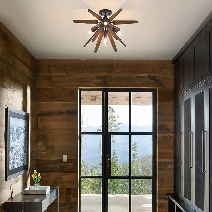 4-Light Sputnik Semi Flush Mount Light Black, Wood Hallway Lights, Farmhouse Light Fixture for Kitchen, Rustic Close to Ceiling Light Fixture for Entryway Laundry Nursery Bedroom
