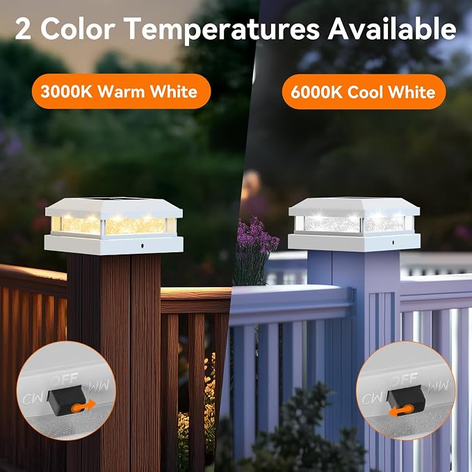 Brightever 4x4 Solar Post Cap Lights Outdoor, Waterproof Solar Powered Deck Lights for 5x5 Wooden/Vinyl Post, Outside White Fence Light with 16LEDs Warm/Cool Lighting in Garden, Patio, Porch, 8-Pack