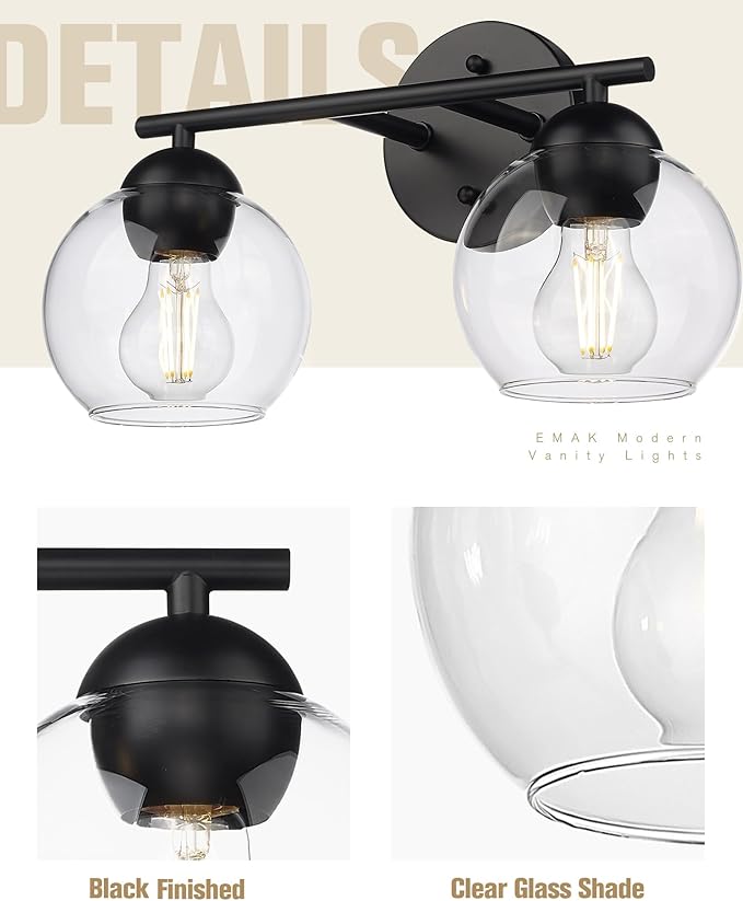 Emak 2-Light Black Bathroom Light Fixtures Over Mirror, Globe Bathroom Vanity Lights with Clear Glass Shade, VL114-BKL-2