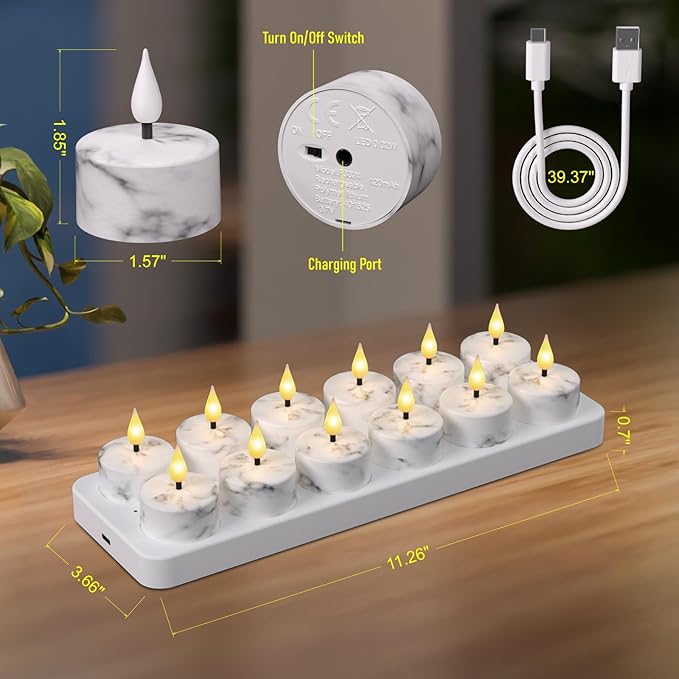 Flameless Tea Lights Candles with Charging Station,White Marble Pattern,LED Tea Lights Candles with Remote Control Timer for Valentine's Day,Centerpiece Table Decorations,Anniversary,Home Decor,12Pack