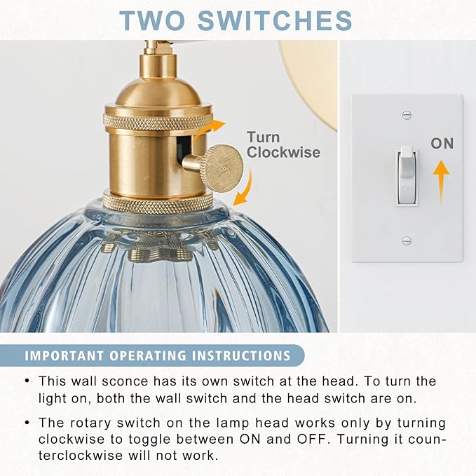 Hardwired Wall Sconce Light, Vintage Wall Sconce with Switch, Gold Wall Light Fixture with Tulip Denim Blue Glass Lampshade, Indoor Wall Light for Bedroom Bathroom, Bedside Wall Lamp