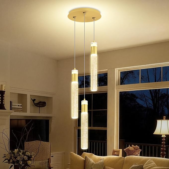 Dimmable 3-Light Pendant Lights Kitchen Island Crystal Hanging Light Modern Ceiling Light for Dinning Room Living Room 24W Gold