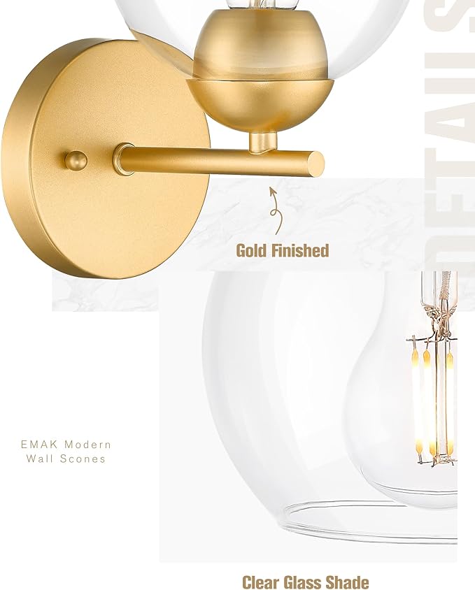 Emak 2 Light Bathroom Vanity Light, Modern Gold Wall Sconce with Clear Glass Shade, Globe Wall Lights for Living Room, Pictures, Bedroom, Bathroom, Hallway, WS114-GD-2PK