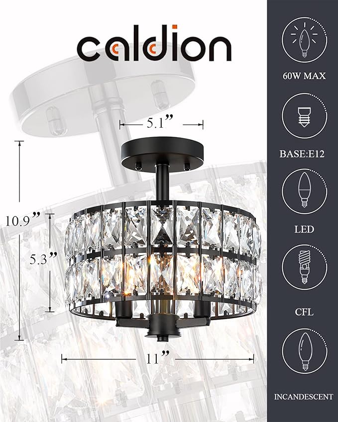 CALDION 11" Crystal Ceiling Light Fixture, 3-Light Semi Flush Mount Ceiling Lights, Modern Chandelier with Black Metal Finish for Bathroom, Dinning Room, Hallway, Bedroom, 6869SM-BK-3