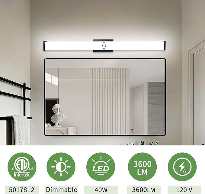 40 Inch Bathroom Vanity Light 3600LM, 5700K Daylight White Modern Bathroom Light Dimmable, AC 120V 40W Matte Black LED Vanity Lighting Fixtures Wall Sconce ETL Certified, 1Pack