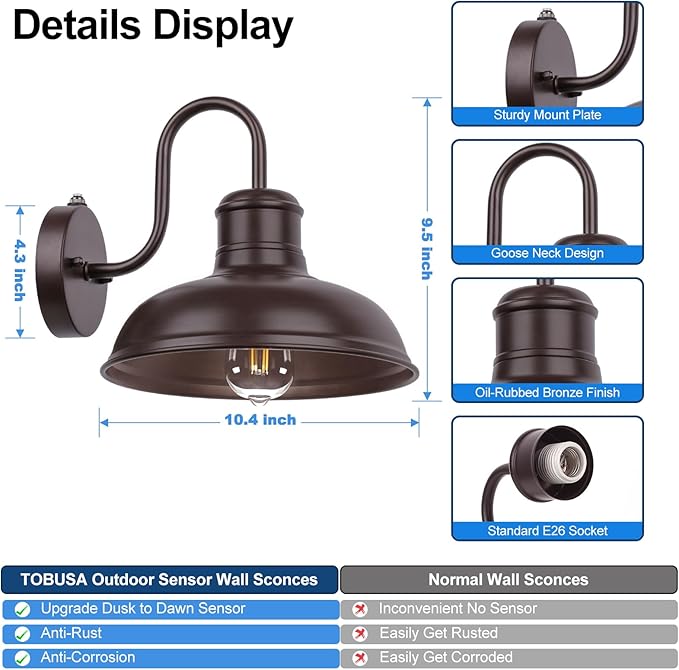 2-Pack Dusk to Dawn Outdoor Wall Sconces, Farmhouse Outside Lighting Gooseneck Barn Lights, Oil Rubbed Bronze Exterior Wall Lights, Anti-Rust Waterproof Outdoor Light for House Porch Garage Entryway