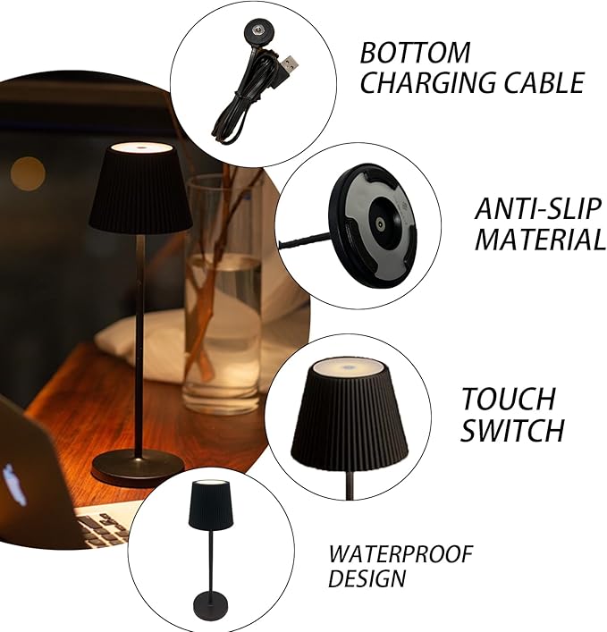 Outdoor Battery Operated Table Lamp Waterproof, Touch Dimmable Desk Lamp, Dimming Up, LED Night Light for Camping Restaurant Home, H10.8in, 5000mAh (Black)