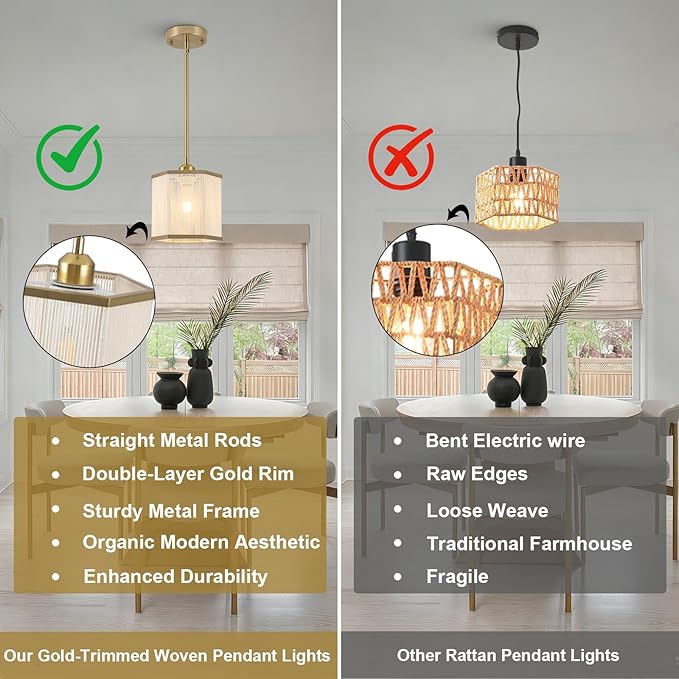 2-Pack Gold Woven Pendant Lights, 7.67" Mini Boho Rattan Hanging Pendant Light Fixtures, Modern Hexagonal Island Lights for Kitchen Island, Foyer, Hallway, E26 Base, Brass
