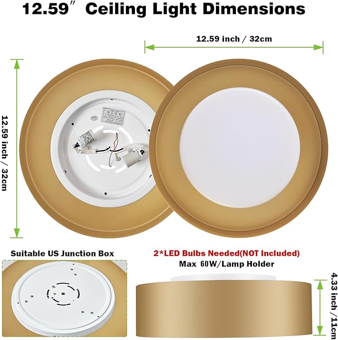 Glass Gold Flush Mount Ceiling Lights, Modern Round Ceiling Lighting, Minimalist Drum Close to Ceiling Light Fixtures for Bedroom, Dining Room, Bathroom, Hallways, Laundry Room