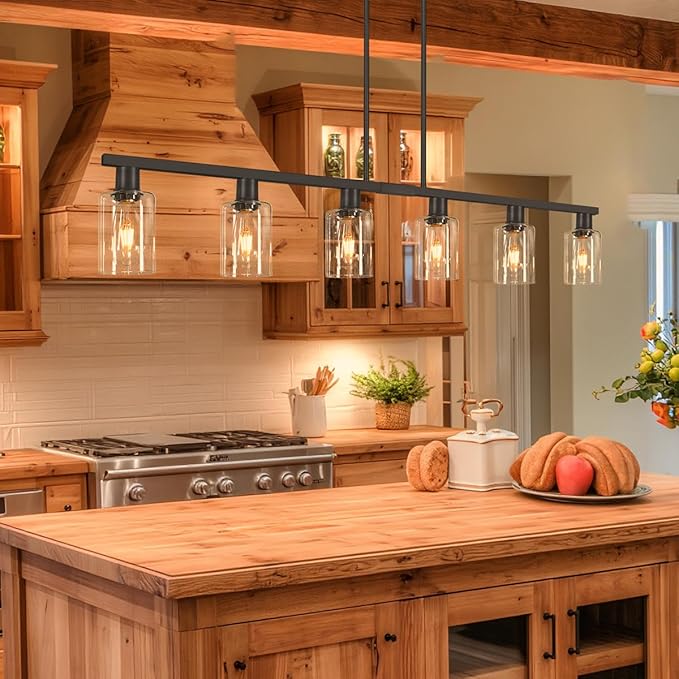 Dining Room Light Fixture Over Table, Black 6-Light Kitchen Island Lighting with Glass Shade & Adjustable Rods, Farmhouse Linear Chandelier Pendant Light for Kitchen Living Room Breakfast Corner
